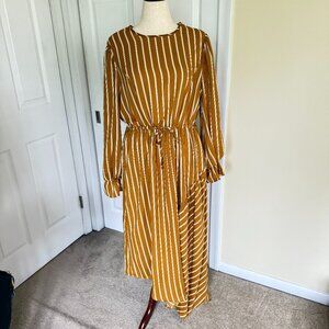 Mustard and white, long sleeve cuffed, drawstring waist dress
